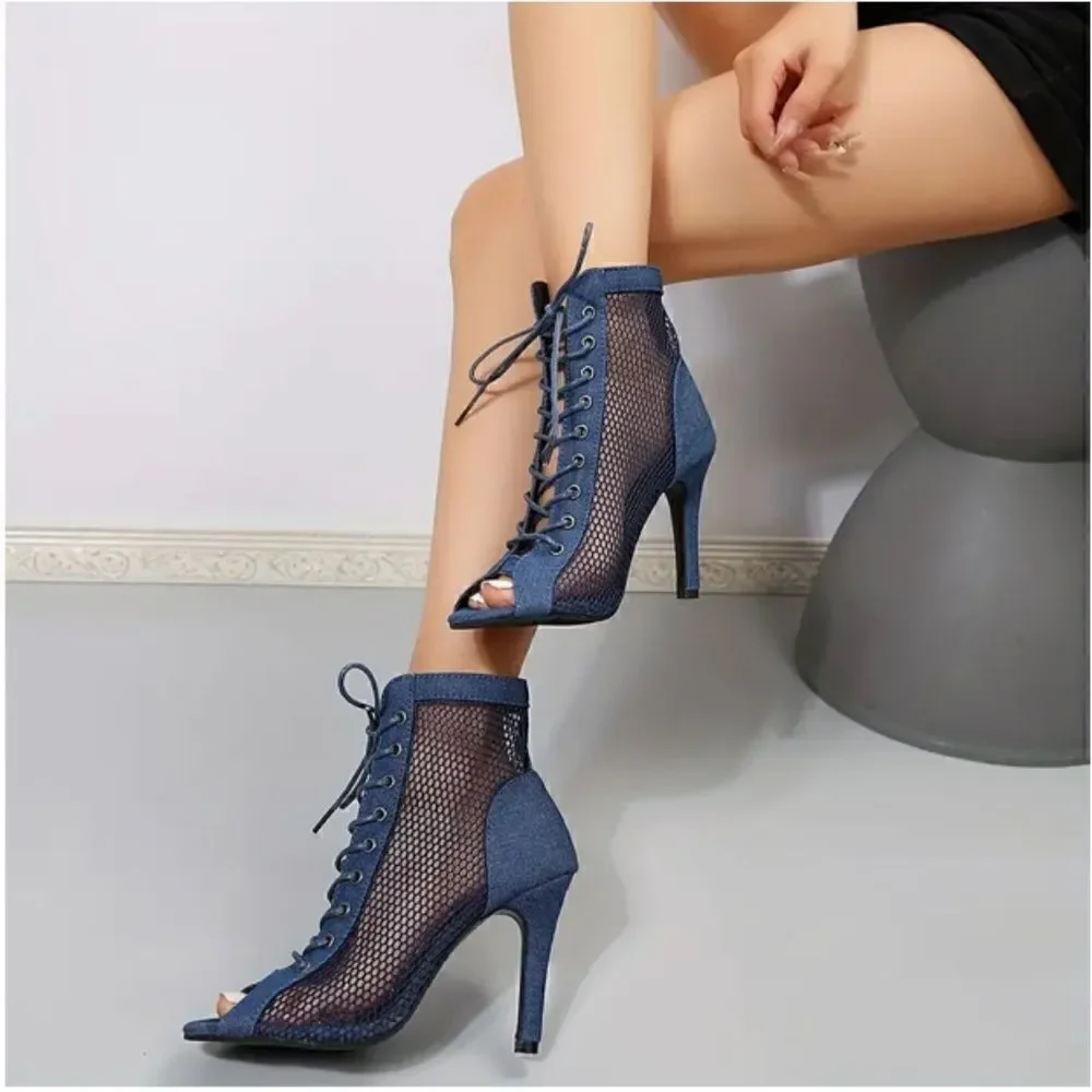Denim Mesh Stiletto Sandals Peep Toe Lace Up High Heels Hollow Out Boho - Picture 2 of 3